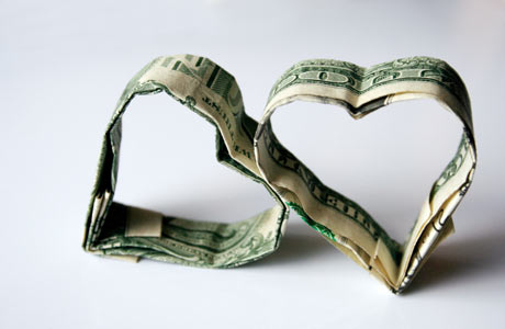 dollar bills folded in the shape of hearts