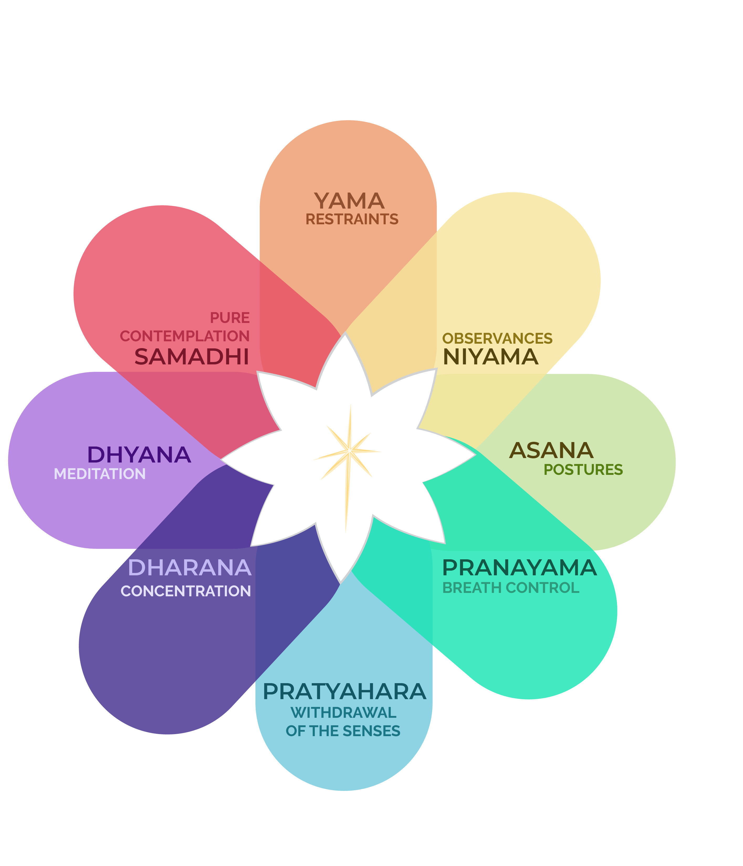 illustration of eight limbs of yoga with descriptions