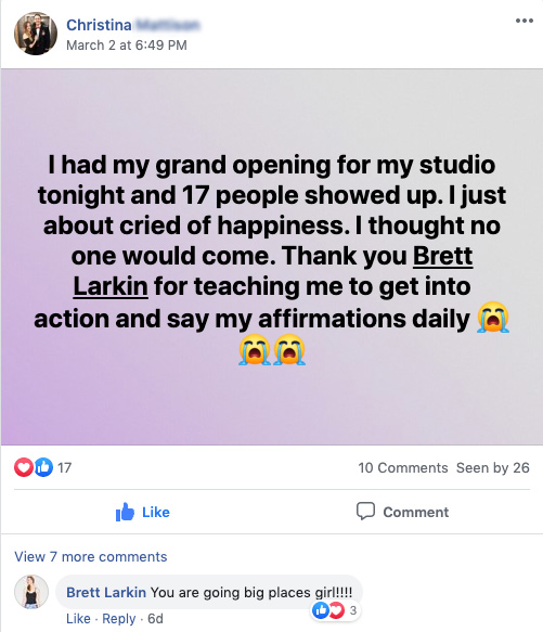 uplifted graduate sharing in facebook group about success as yoga teacher