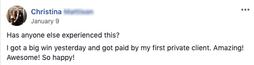 uplifted yoga student facebook comment about getting first client