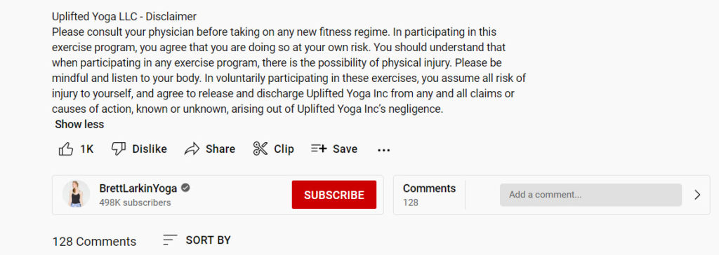 example of online yoga class disclaimer
