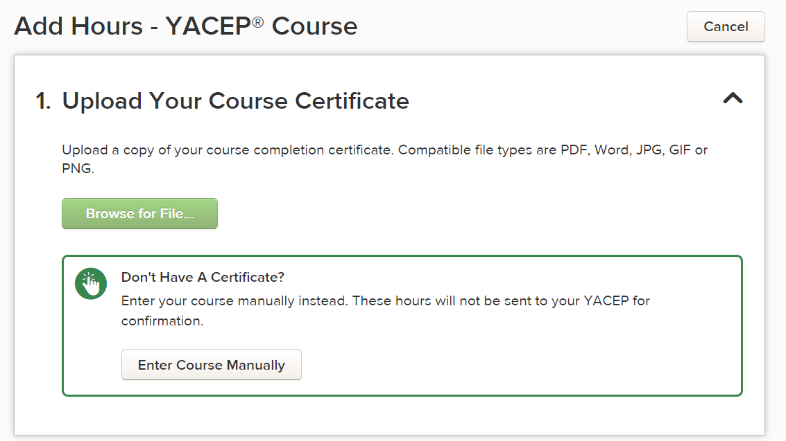 upload your YACEP course certificate