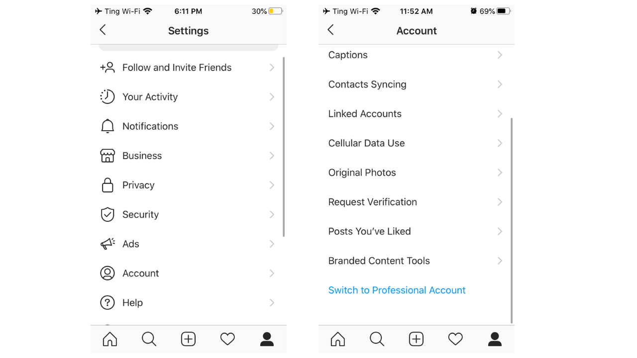 business account on instagram