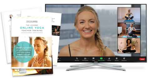 Brett Larkin featured on a computer monitor showcasing sample videos from inside the Uplifted 200 hour yoga teacher training, alongside a leaflet image of the certification program syllabus.