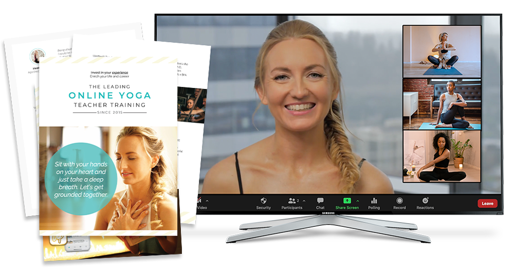 Brett Larkin featured on a computer monitor showcasing sample videos from inside the Uplifted 200 hour yoga teacher training, alongside a leaflet image of the certification program syllabus.