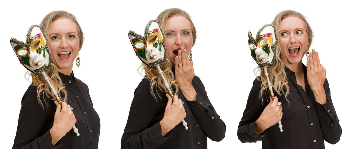 Three images of Brett Larkin in different stages of facial expressions while have hiding her face behind a costume party mask.