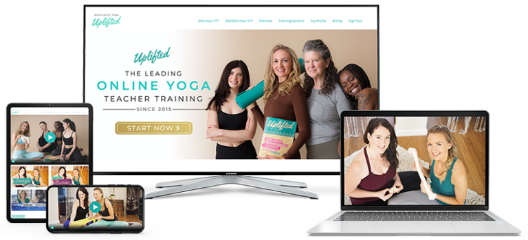 Uplifted 200 hour yoga teacher training sample on multiple devices including a computer monitor, a laptop, a tablet, and a phone.