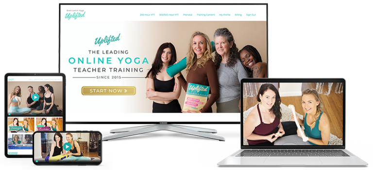 Uplifted 200 hour yoga teacher training sample on multiple devices including a computer monitor, a laptop, a tablet, and a phone.