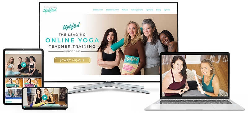 Uplifted 200 hour yoga teacher training sample on multiple devices including a computer monitor, a laptop, a tablet, and a phone.