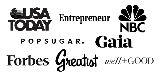 Logos of companies that have featured Brett Larkin, including USA Today, Entrepreneur, NBC, Forbes, Well+Good, Popsugar, Gaia, and Greatist.
