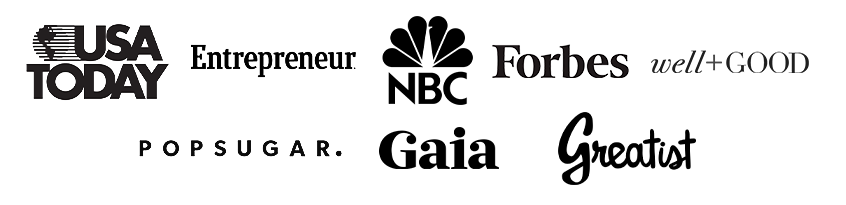 Logos of companies that have featured Brett Larkin, including USA Today, Entrepreneur, NBC, Forbes, Well+Good, Popsugar, Gaia, and Greatist.