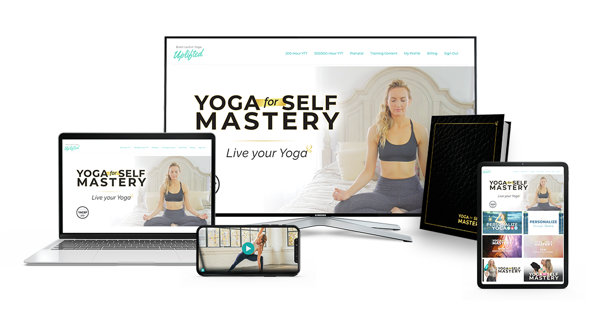 Yoga for Self Mastery multi media collage featuring the program on a tv screen, laptop, tablet, mobile phone, and the accompanying manual book.