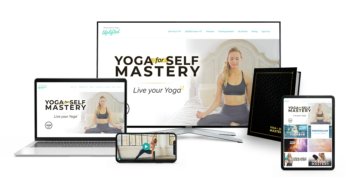 Yoga for Self Mastery multi media collage featuring the program on a tv screen, laptop, tablet, mobile phone, and the accompanying manual book.