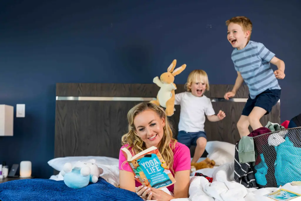 brett yoga life book kids jumping in bed