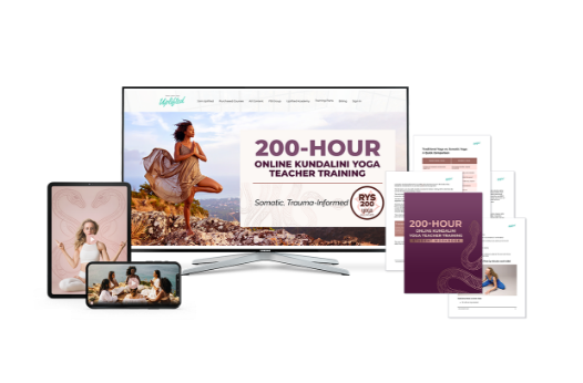 Online Kundalini yoga teacher training shown across phone, tablet, and computer — flexible 200-hour format