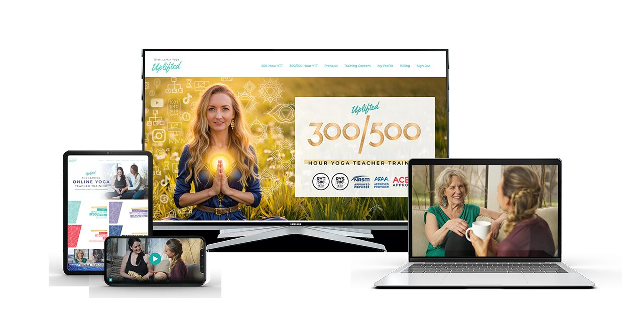 Uplifted 300 hour yoga teacher training sample on multiple devices including a computer monitor, a laptop, a tablet, and a phone.