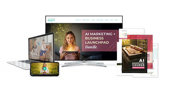 AI Marketing and Business Launchpad bundle course shown on desktop, tablet, and mobile devices