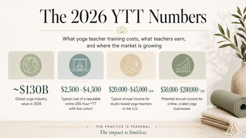 2026 yoga teacher training statistics showing typical training costs and income ranges for studio and online yoga teachers