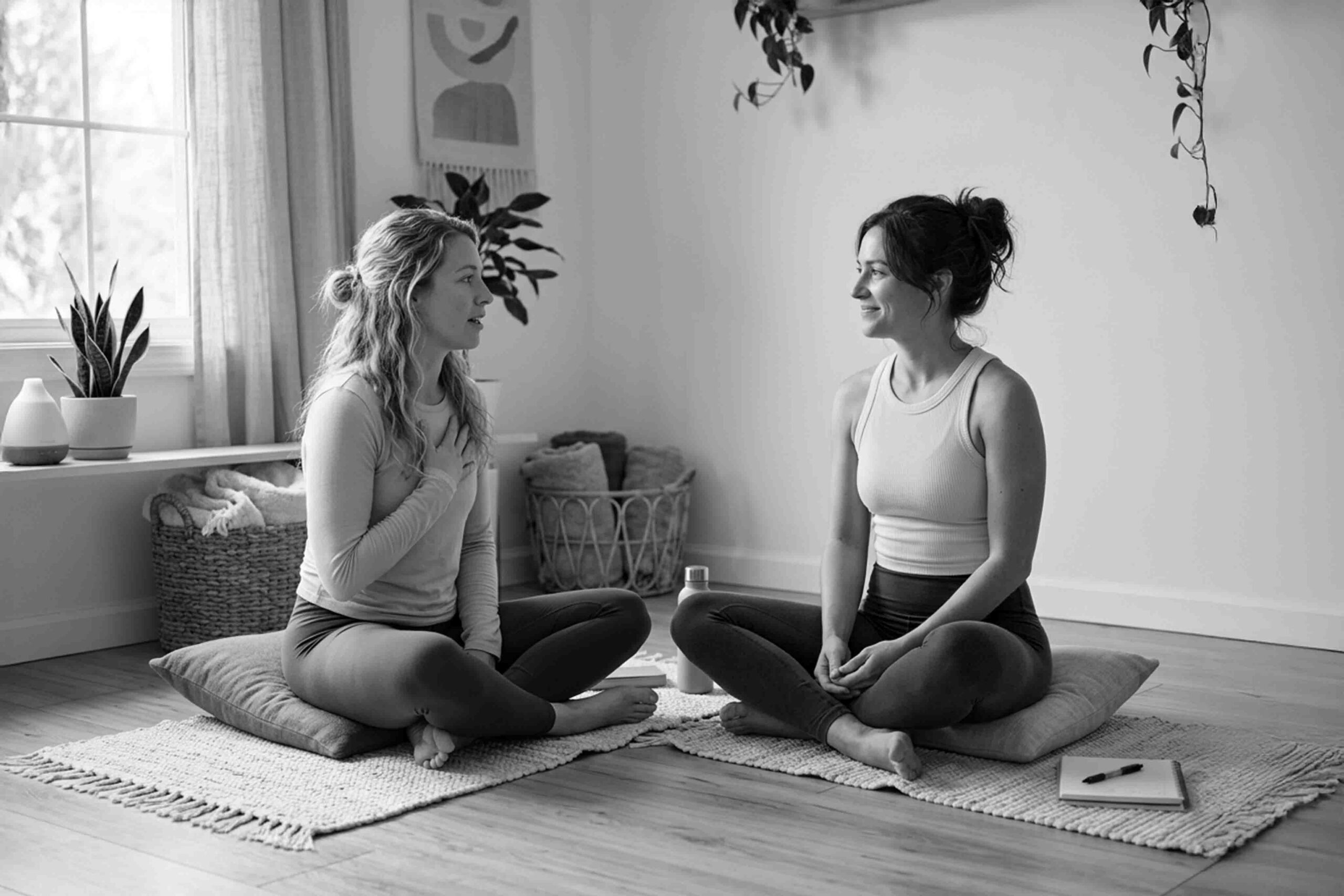 Brett Larkin smiling and sitting on a yoga bolster while yoga life coaching a yoga student