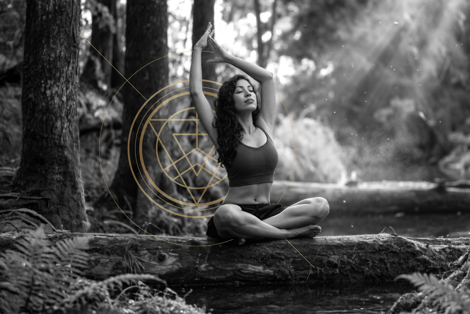 Brett Larkin doing hip opening somatic yoga for trauma in the woods