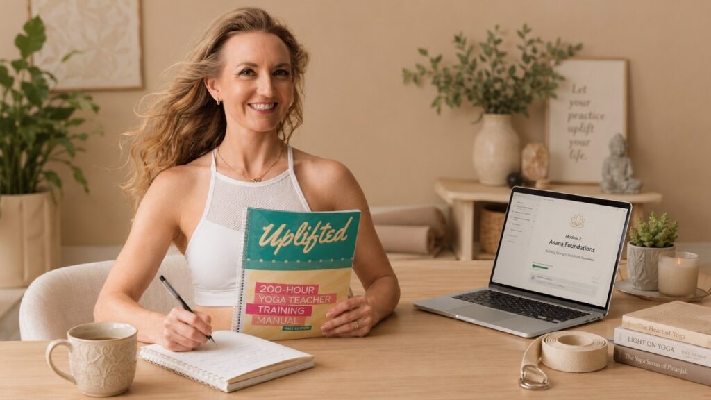 Brett Larkin at her desk holding the Uplifted 200-hour yoga teacher training manual while working on a course module on her laptop