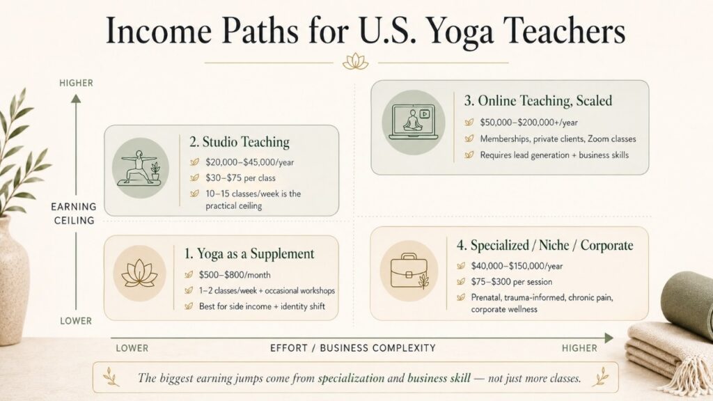 2x2 matrix showing income paths for U.S. yoga teachers in 2026, comparing studio teaching, online teaching, side-income teaching, and specialized or corporate yoga by earning ceiling and business complexity