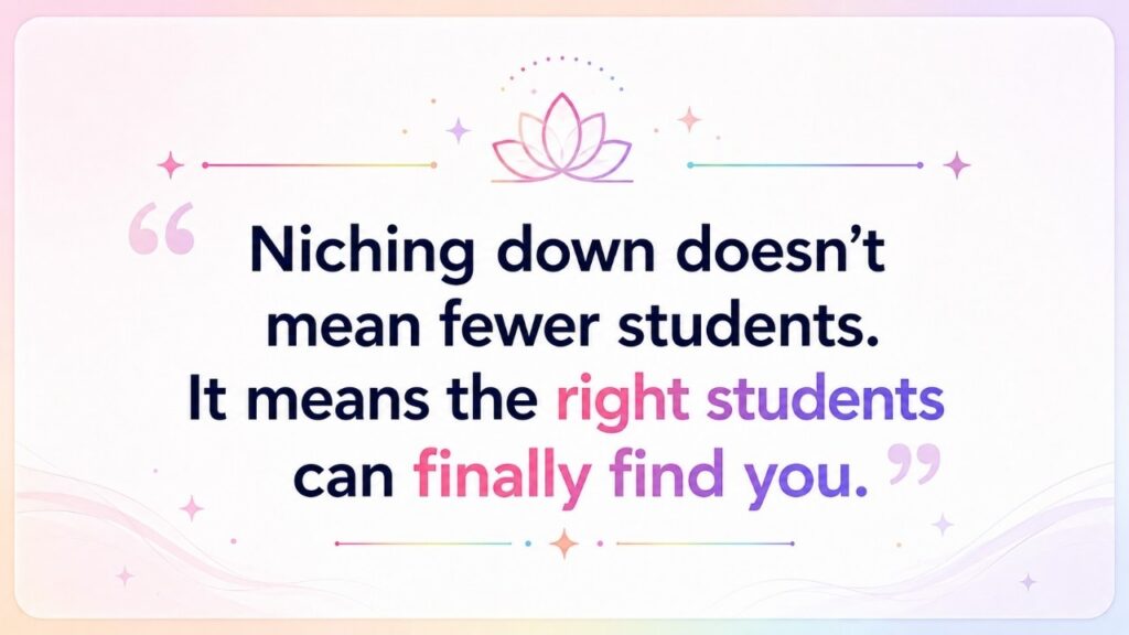 Pastel pull-quote graphic stating that niching down does not mean fewer students, but helps the right students find you.