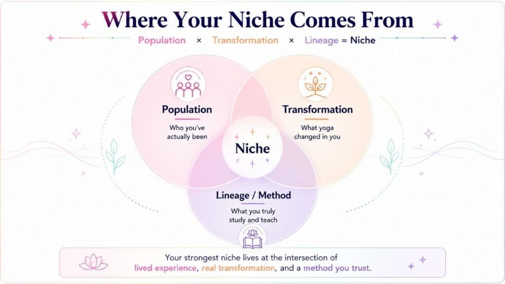 Pastel Venn diagram infographic showing how population, transformation, and lineage or method overlap to create a yoga teaching niche.
