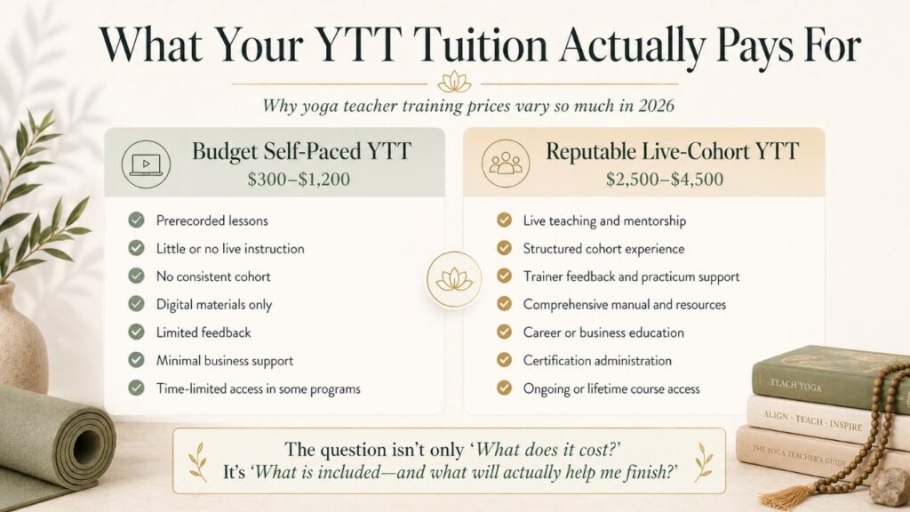 Comparison graphic showing what yoga teacher training tuition pays for in 2026, contrasting budget self-paced YTT programs with reputable live-cohort yoga teacher training