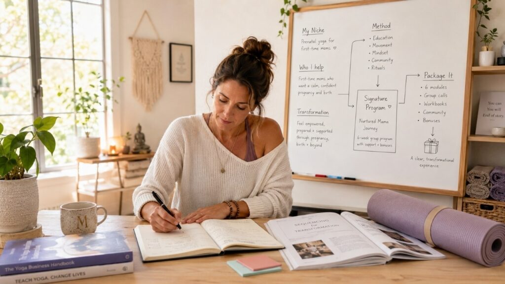 Yoga teacher journaling at a desk with a whiteboard, planning her niche and signature program in a bright home studio.