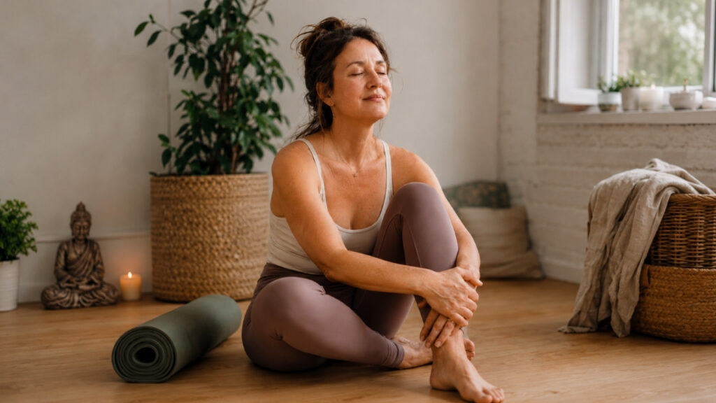 Mid-life woman sitting quietly after yoga practice with a rolled mat beside her, representing yoga teacher training as a nervous system reset and wellness sabbatical.