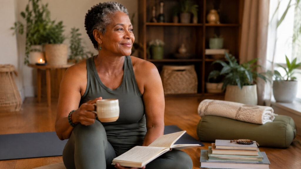 Mid-life woman sitting with tea and a journal after yoga practice, representing yoga teacher training as a wellness sabbatical and nervous system reset for women.