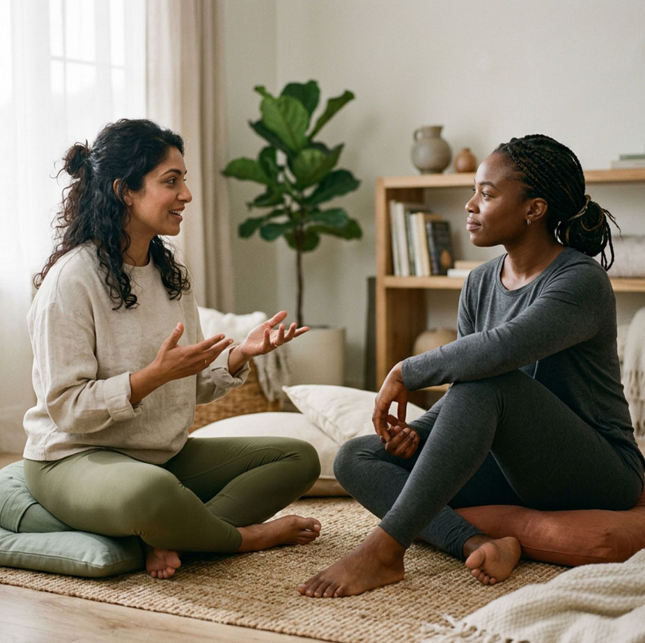 Two women seated on floor cushions in a wellness coaching session, engaged in a supportive conversation in a calm and comfortable space.
