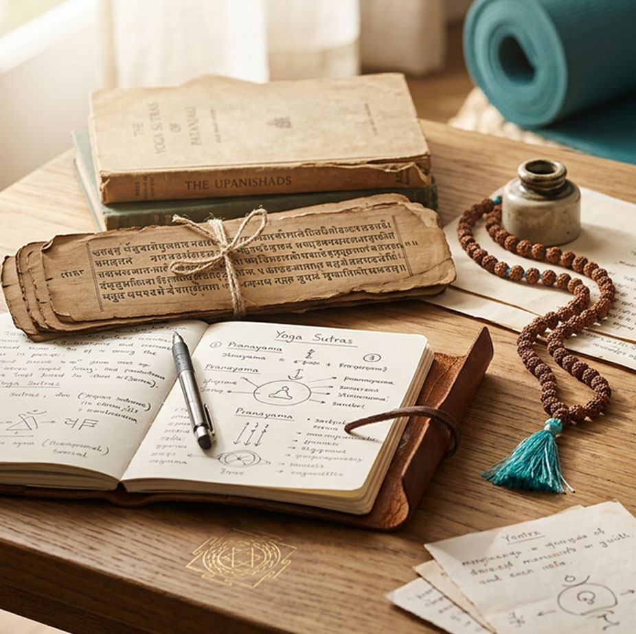 History of Yoga: Ancient Texts and Yogic Wisdom Yoga philosophy books, Sanskrit manuscripts, mala beads, and study materials representing the history of yoga and yogic traditions.