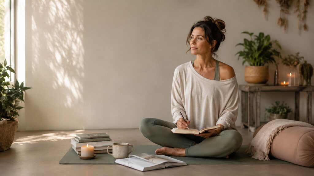 Woman journaling on a yoga mat while studying for a 200-hour yoga teacher training for personal growth and a deeper yoga practice.