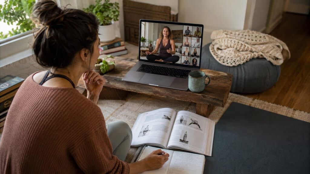 Woman participating in a live online yoga teacher training from home with a laptop, printed manual, notes, and yoga mat.