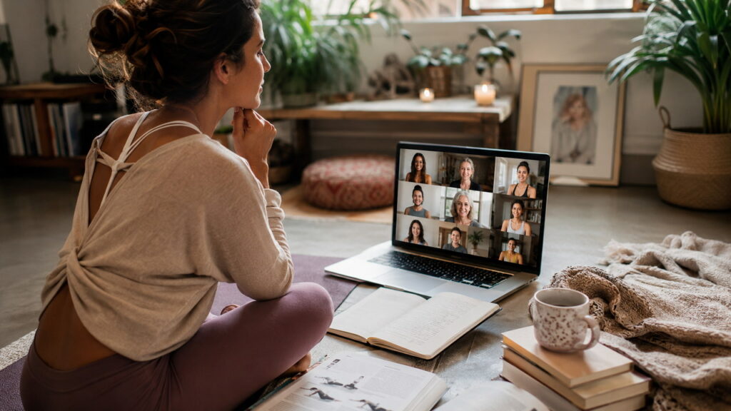 Woman attending a live online yoga teacher training from home with a printed manual, notes, yoga mat, and supportive cohort on her laptop.
