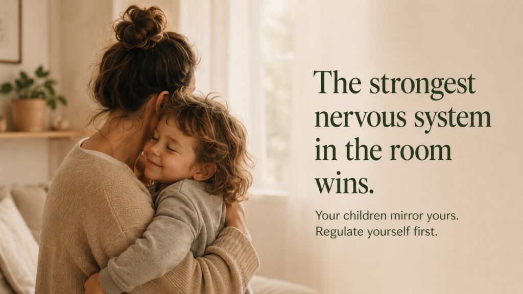 Mother calmly hugging her child beside the words, “The strongest nervous system in the room wins.”