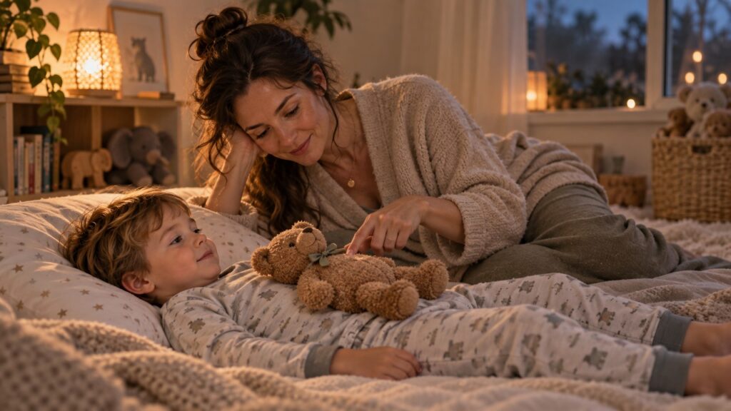 Mother teaching her young son belly breathing with a teddy bear resting on his stomach