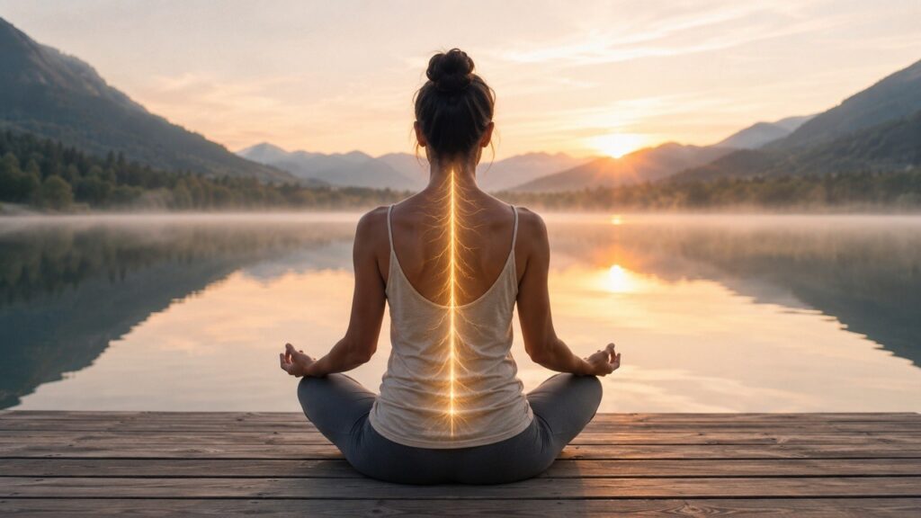 Woman meditating beside a mountain lake with an illuminated nervous system along her spine.