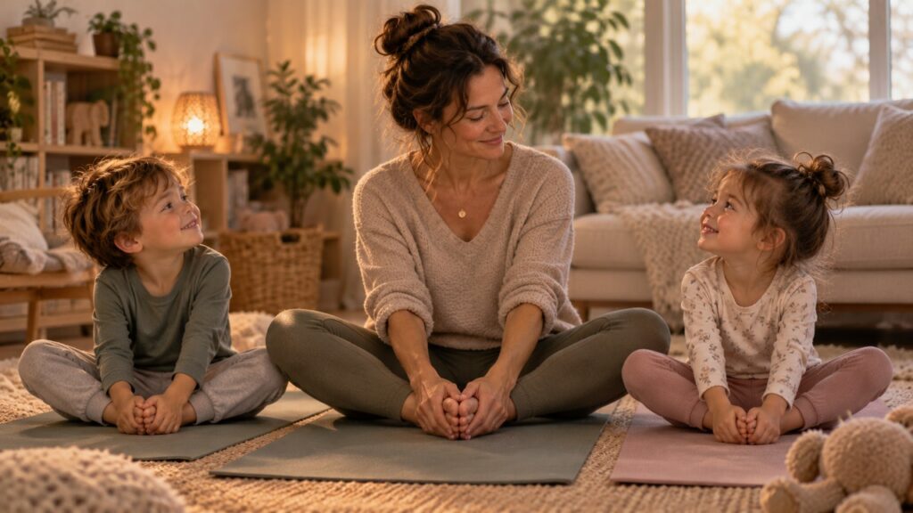 Mother practicing yoga at home with her two children on yoga mats