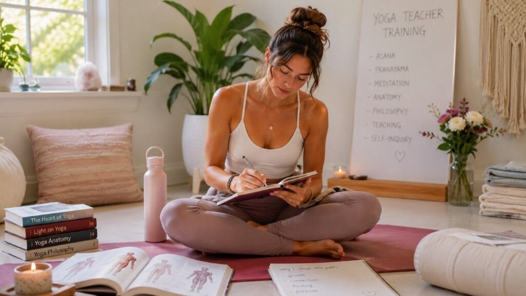 Yoga student studying anatomy and philosophy during a 200-hour yoga teacher training for personal growth and a deeper practice.