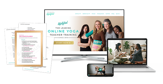 Brett Larkin featured on a computer monitor showcasing sample videos from inside the Uplifted 200 hour yoga teacher training, alongside a leaflet image of the certification program syllabus.