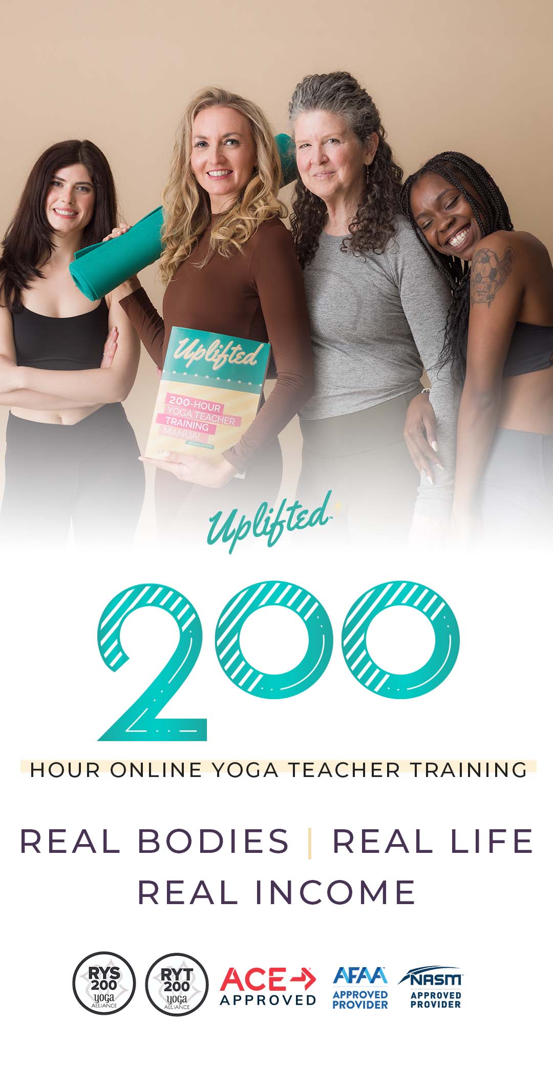 Brett Larkin Uplifted 200-hour yoga teacher training. The leading online yoga teacher training since 2015. RYT and RYS 200 Yoga Alliance approved, ACE approved, AFAA approved provider, and NASM approved provider.