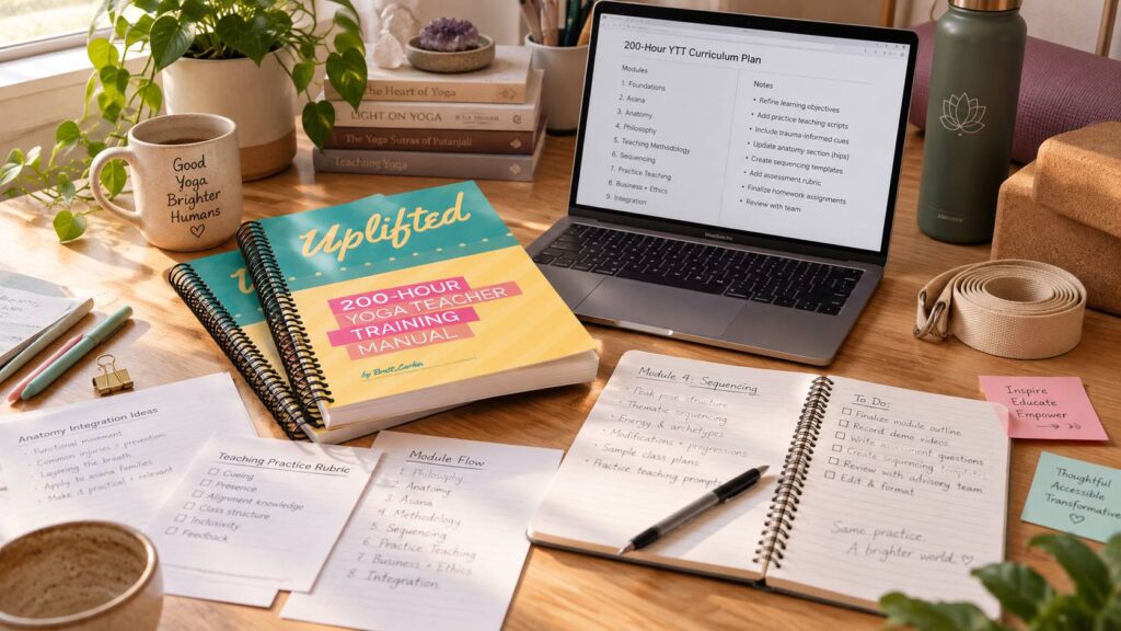 Brett Larkin's printed yoga teacher training manual and curriculum planning notes on a desk.