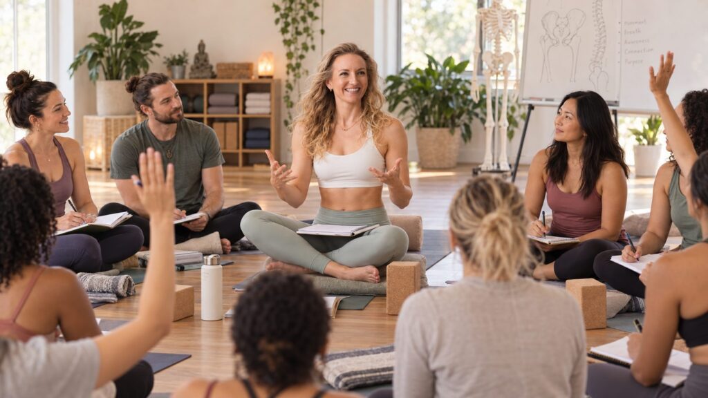 Brett Larkin leading a yoga teacher training cohort in a group workshop setting