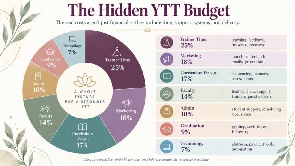 Infographic showing the hidden budget line items of running a yoga teacher training: curriculum, faculty, marketing, admin, technology, graduation, and trainer time