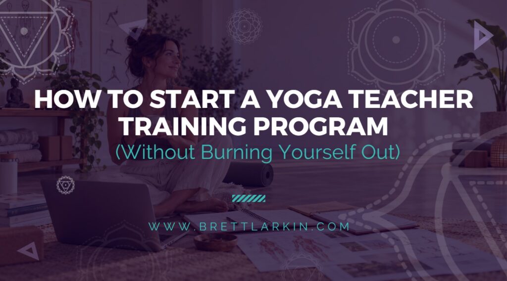 A yoga teacher planning curriculum and business logistics for a sustainable yoga teacher training program. This image accompanies Brett Larkin’s guide to creating a YTT that supports students while protecting the teacher trainer’s time, energy, and resources.