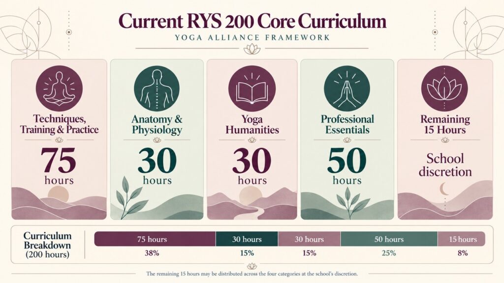 Infographic showing the current Yoga Alliance RYS 200 core curriculum with four categories and hour allocations.