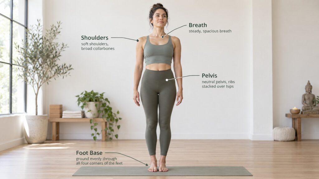 Annotated Tadasana pose showing foot base, pelvis, shoulders, and breath as foundational alignment principles for yoga teacher training curriculum.